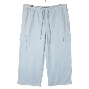 Lands End Cargo Sweatpants Women's 1X Light Blue High Rise Wide Leg Fleece-Lined